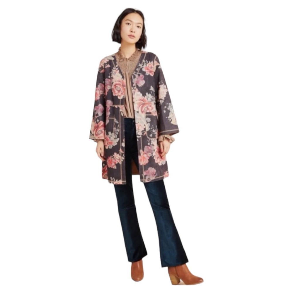 Rain + Rose Vegan Suede Floral Open Front Trench Jacket Size Small